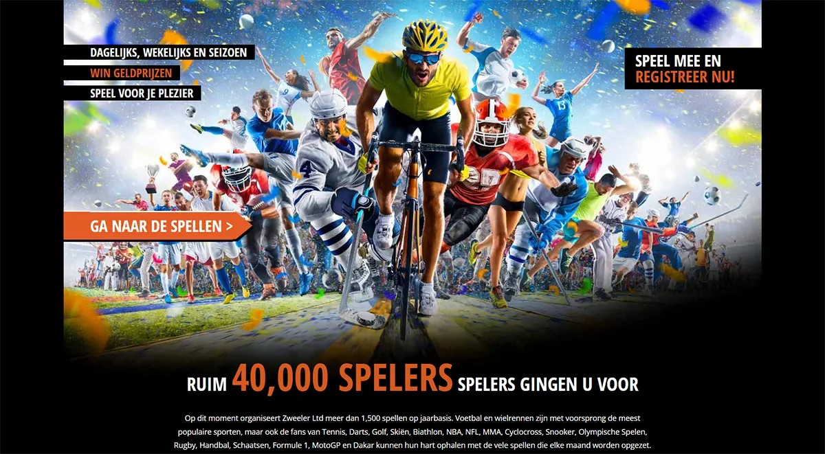Dutch promotional banner with a cyclist racing toward the viewer and a crowd of athletes behind him amid flying confetti, featuring calls to register and play plus a headline stating “ruim 40,000 spelers.”