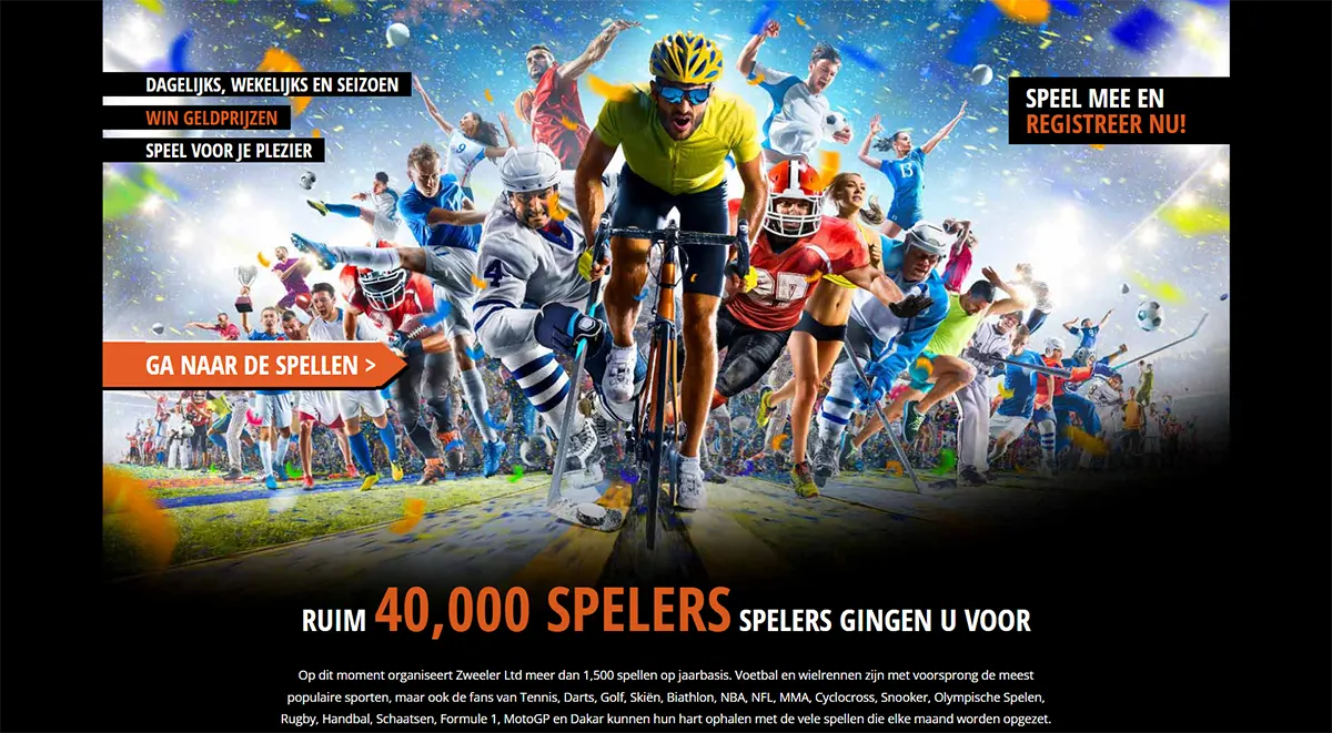 Dutch promotional banner with a cyclist racing toward the viewer and a crowd of athletes behind him amid flying confetti, featuring calls to register and play plus a headline stating “ruim 40,000 spelers.”