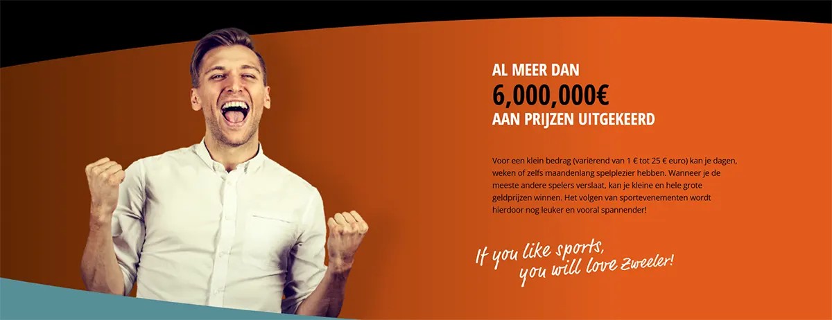 Orange promotional banner showing a cheering man on the left and Dutch text on the right highlighting “al meer dan 6,000,000€ aan prijzen uitgekeerd,” with a short description and the tagline “If you like sports, you will love Zweeler!”