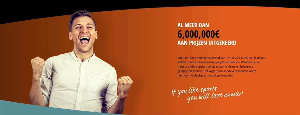 Orange promotional banner showing a cheering man on the left and Dutch text on the right highlighting “al meer dan 6,000,000€ aan prijzen uitgekeerd,” with a short description and the tagline “If you like sports, you will love Zweeler!”
