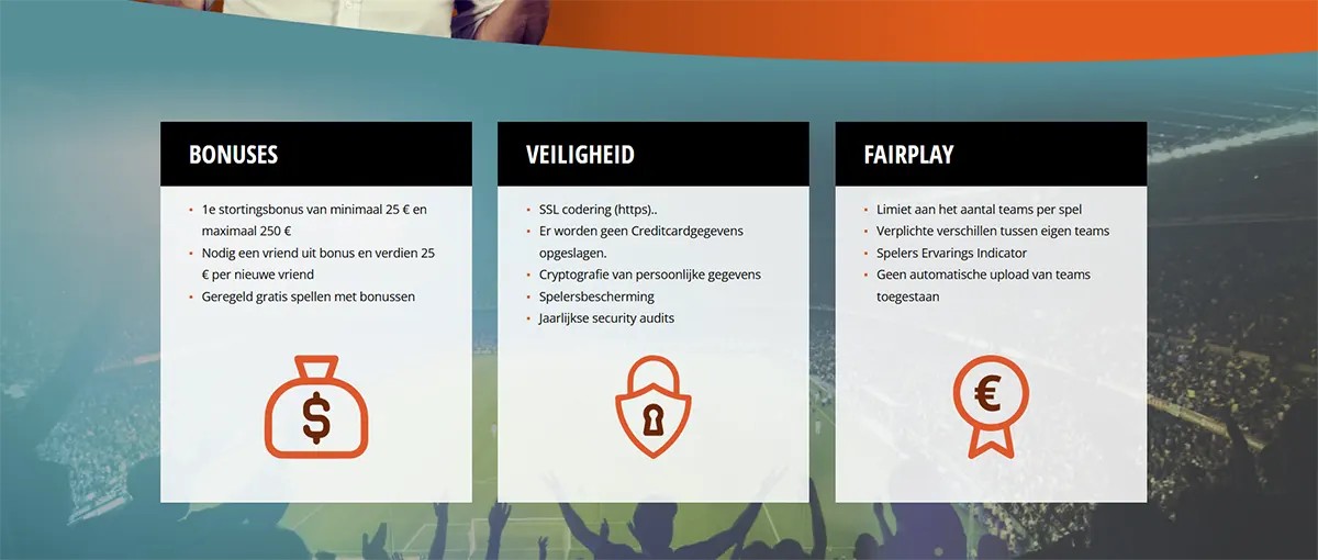 Website section with three feature cards titled “Bonuses,” “Veiligheid,” and “Fairplay,” listing bullet points in Dutch and showing simple orange icons (money bag, shield, and medal) on a stadium-themed background.