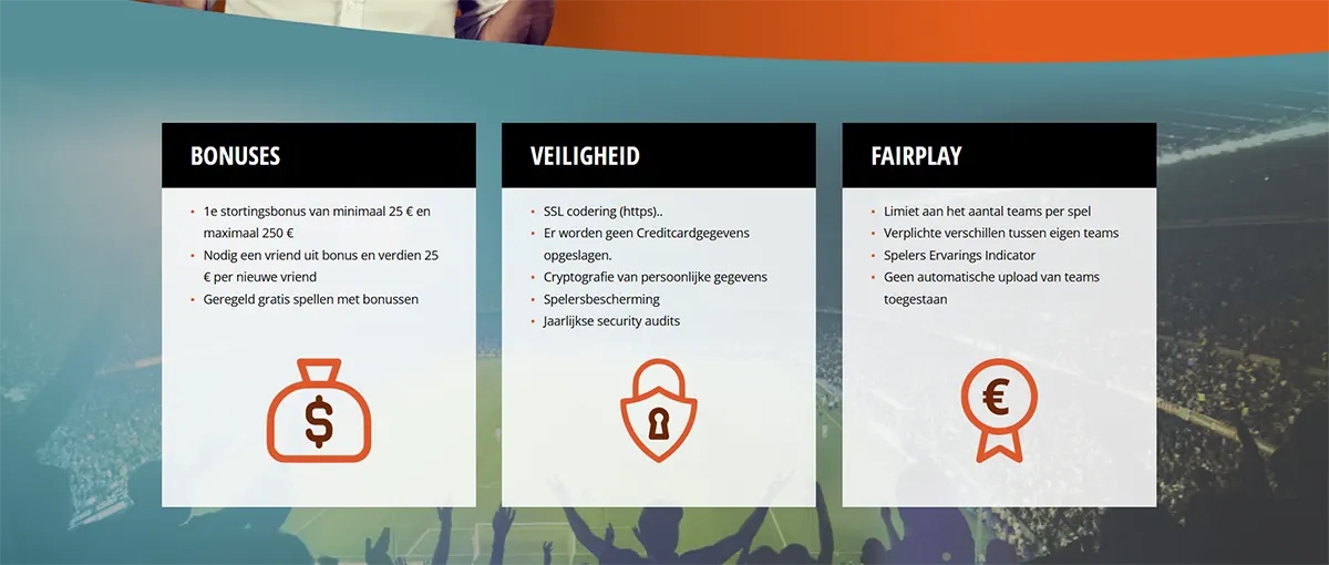 Website section with three feature cards titled “Bonuses,” “Veiligheid,” and “Fairplay,” listing bullet points in Dutch and showing simple orange icons (money bag, shield, and medal) on a stadium-themed background.