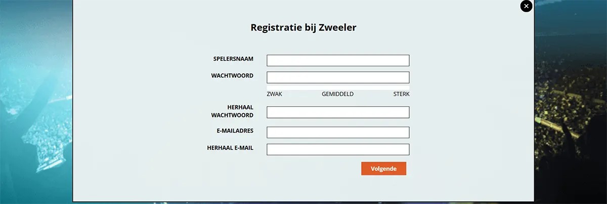 Dutch “Registratie bij Zweeler” signup popup with form fields for username, password (with strength scale), repeat password, email address, and repeat email, plus an orange “Volgende” button and a close icon.