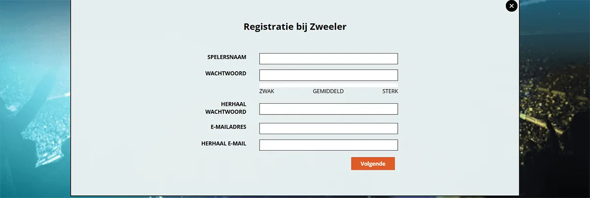 Dutch “Registratie bij Zweeler” signup popup with form fields for username, password (with strength scale), repeat password, email address, and repeat email, plus an orange “Volgende” button and a close icon.